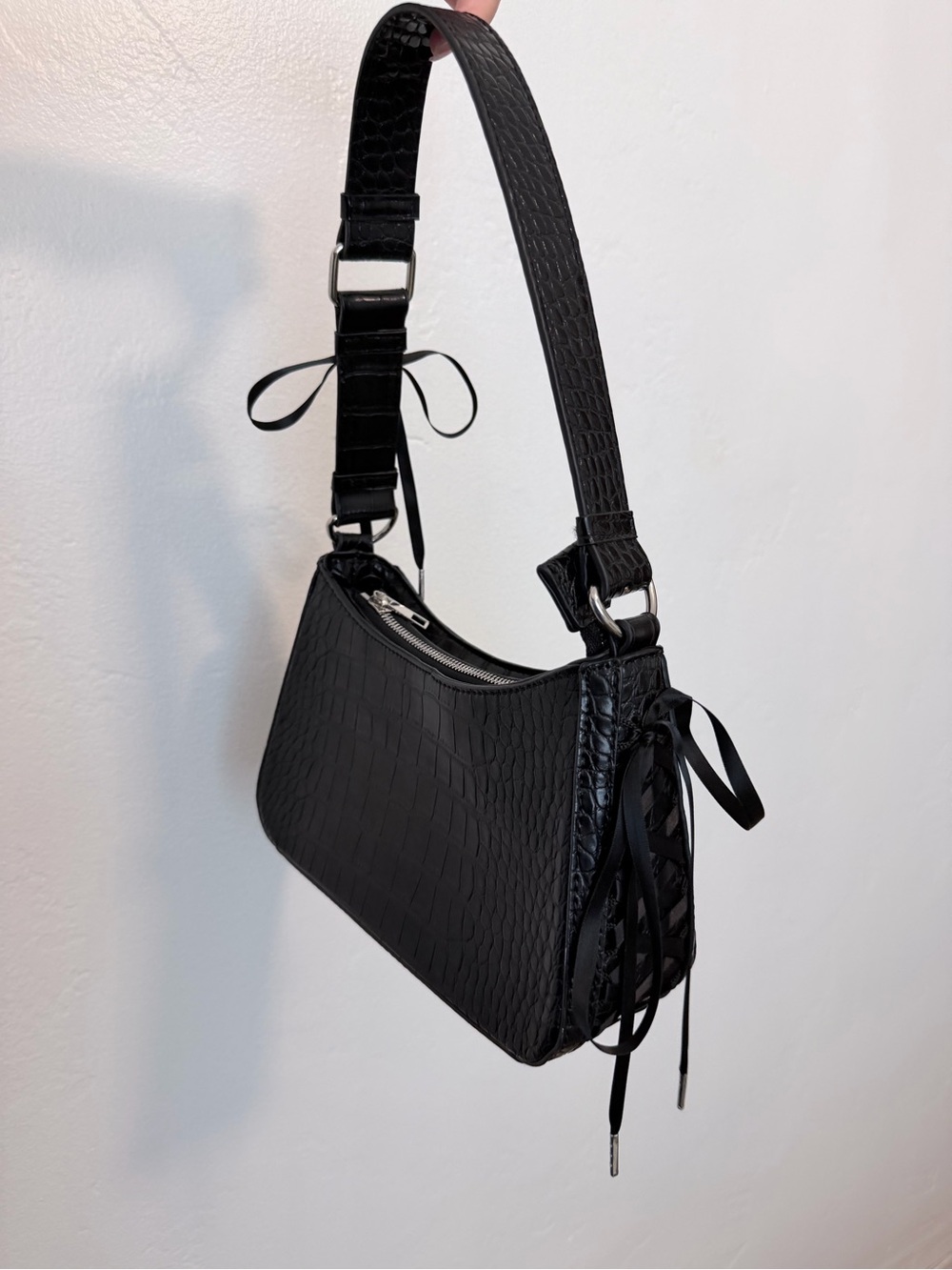 Kimchi Blue Black Croc-Embossed Shoulder Bag with Lace-Up Detail